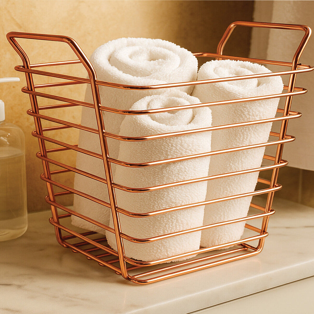 Orsina Shine Gold Wire Basket – Small Modern Bathroom Storage Organiser
