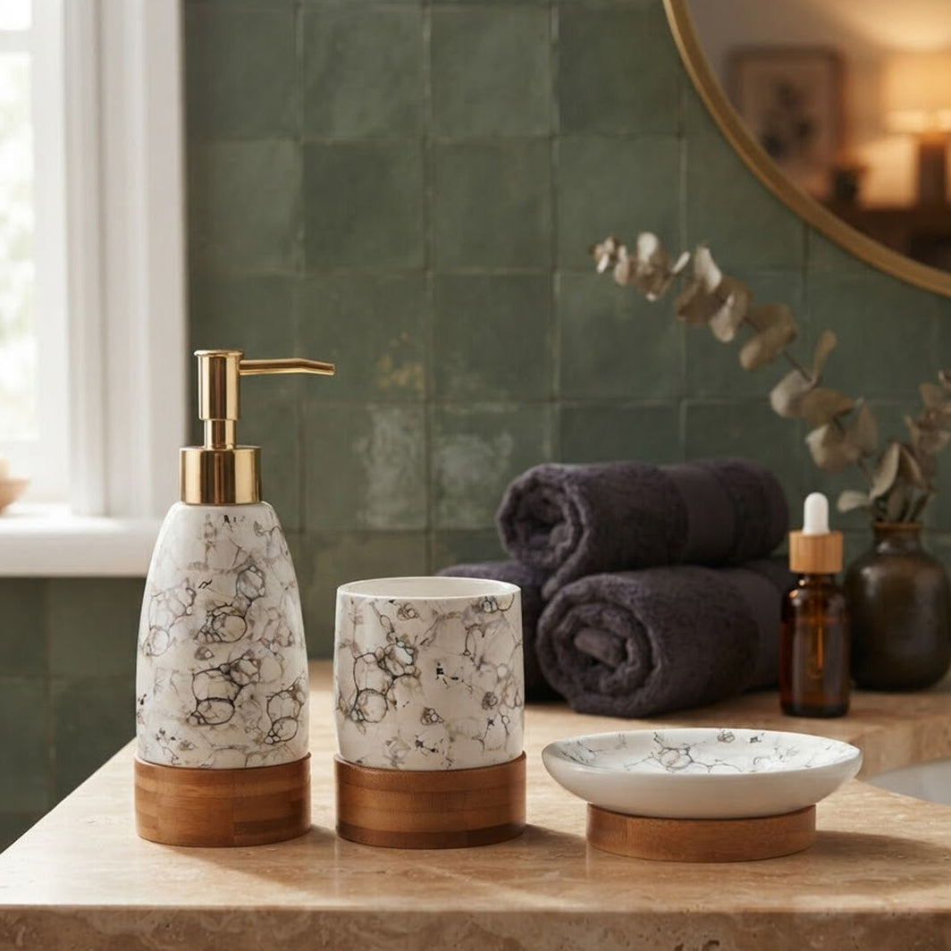 Orsina Earth 3-Piece Marble Print Bathroom Accessory Set | Vanity Decor