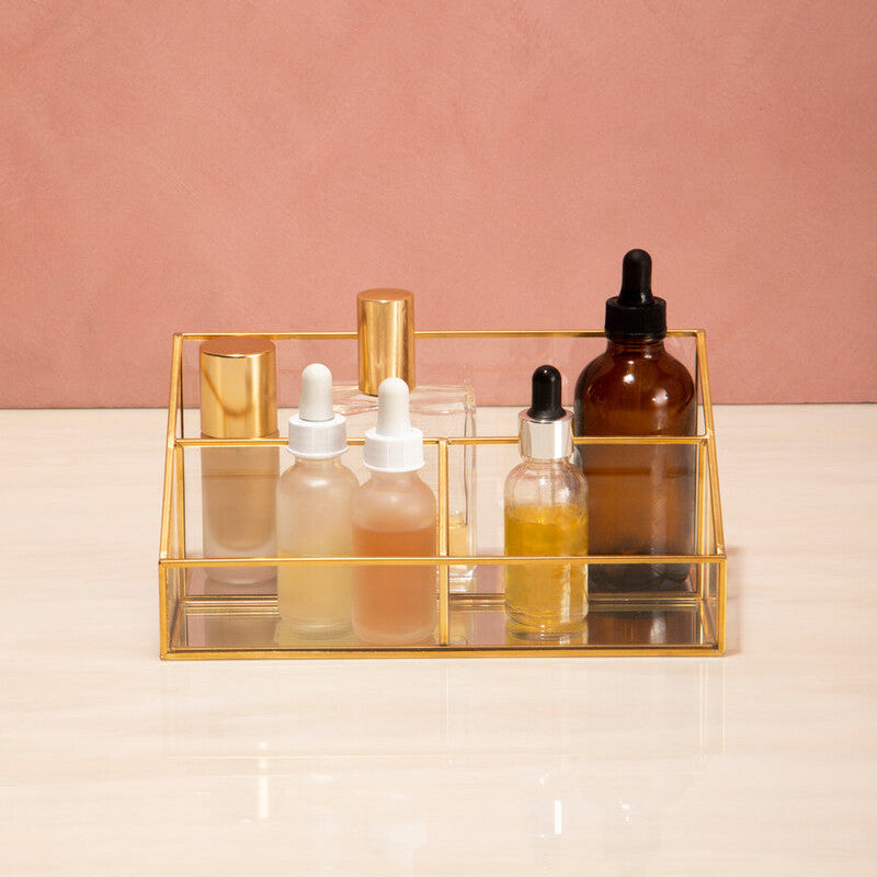 Orsina Glass Makeup Organiser | 3 Compartment Vanity Storage Display