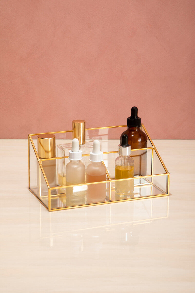 Orsina Glass Makeup Organiser | 3 Compartment Vanity Storage Display