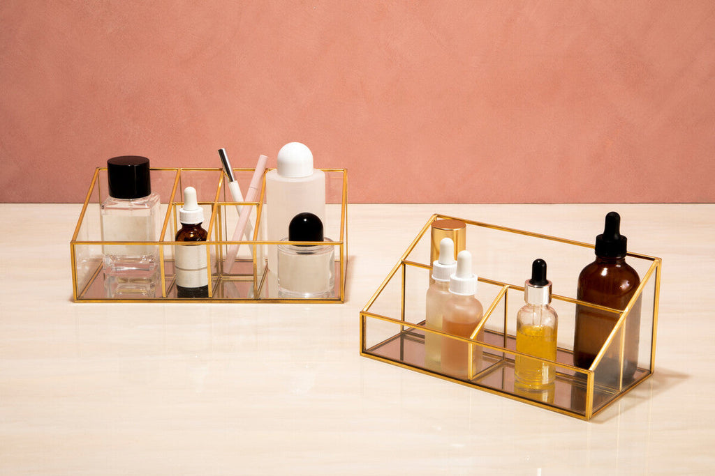 Orsina Glass Makeup Organiser | 3 Compartment Vanity Storage Display