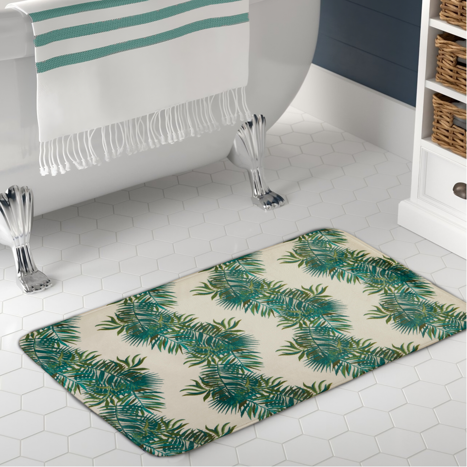 Orsina Winter Palm Leaf Bath Mat – Modern Tropical Printed Bathroom Rug