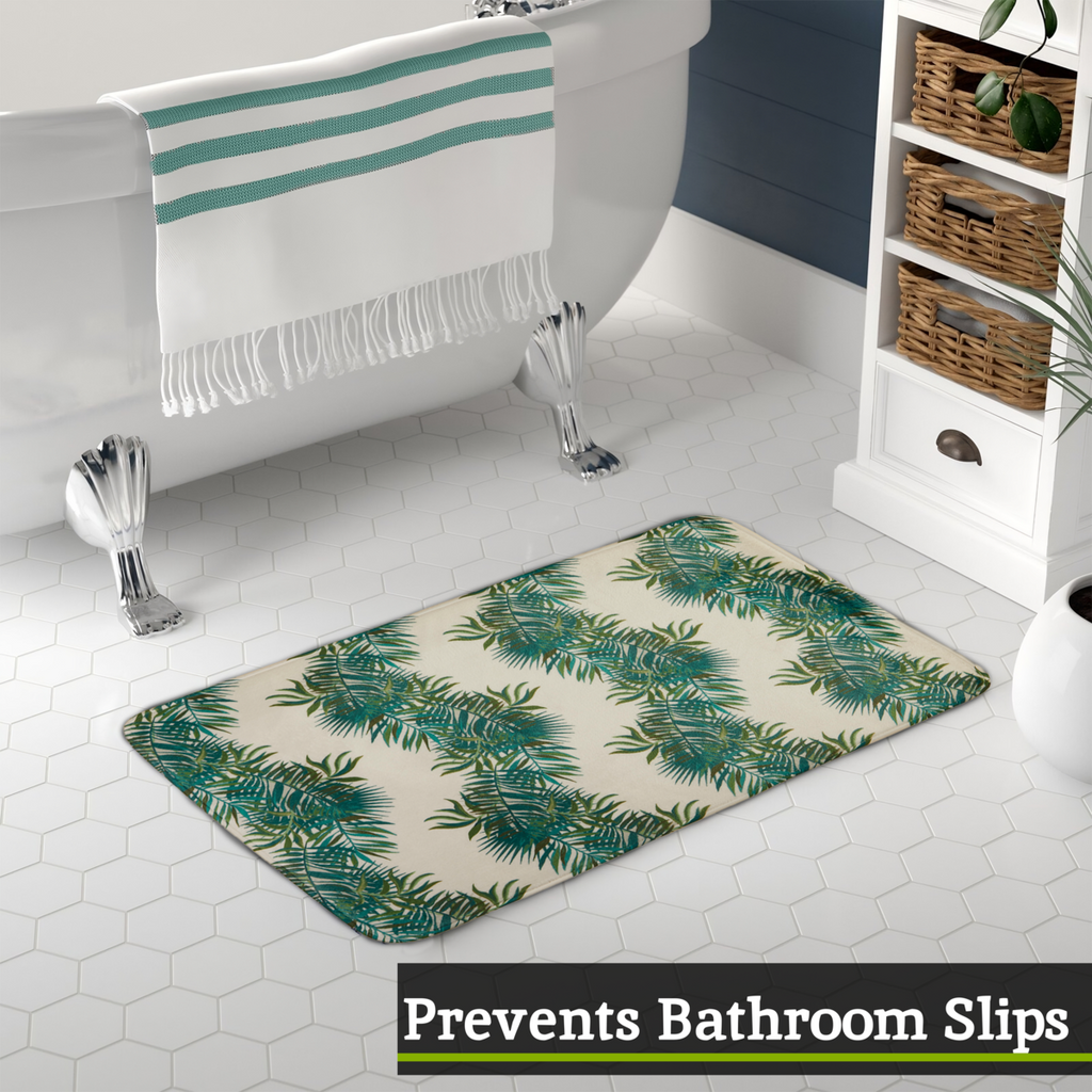 Orsina Winter Palm Leaf Bath Mat – Modern Tropical Printed Bathroom Rug