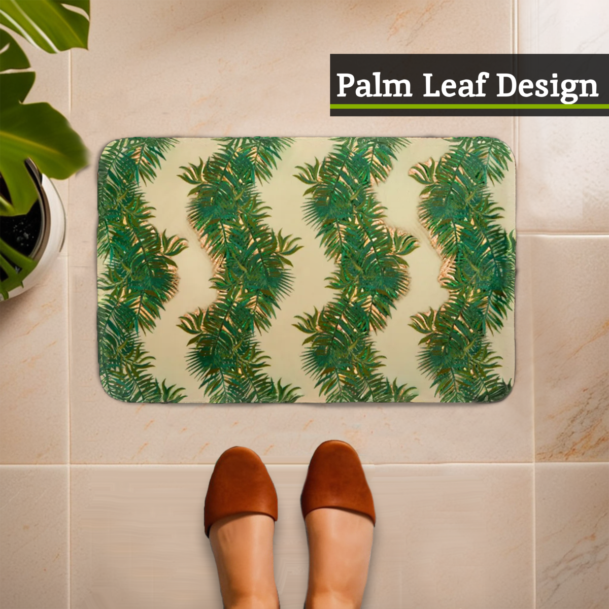 Orsina Winter Palm Leaf Bath Mat – Modern Tropical Printed Bathroom Rug
