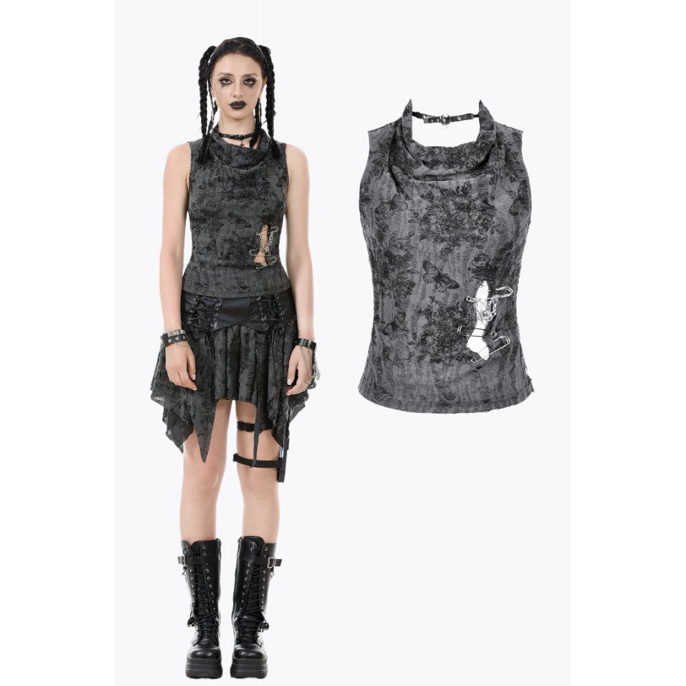 Dark in Love Grey Shredded Butterfly Print Halter Goth Top