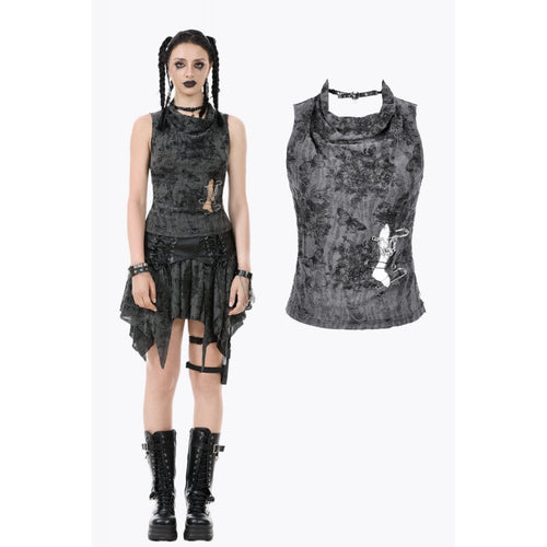 Dark in Love Grey Shredded Butterfly Print Halter Goth Top