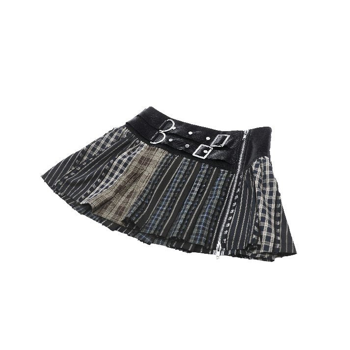 Dark in Love Sage Plaid Patchwork Pleated Mini Skirt with Leather Waist