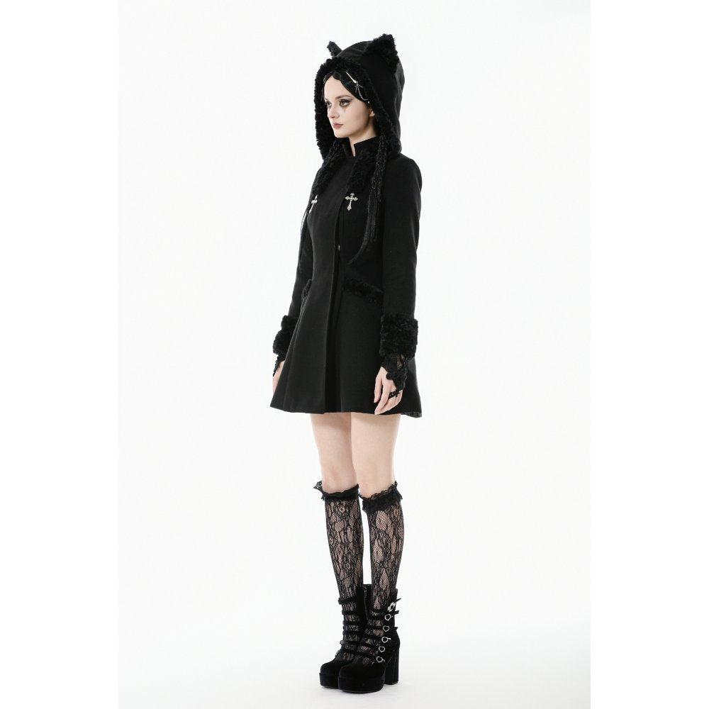 Dark in Love Cat-Ear Faux Fur Trim Gothic A-Line Skater Coat