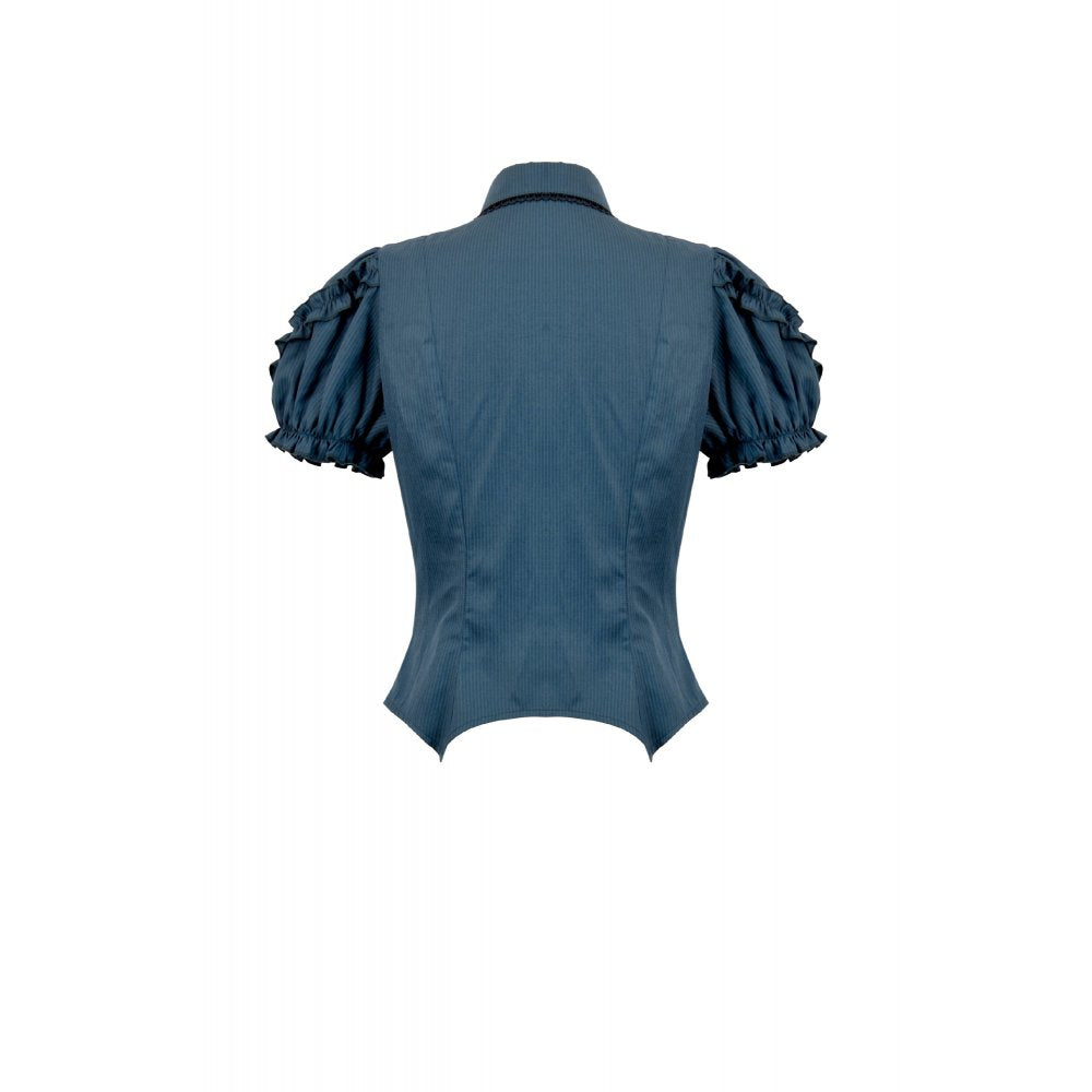 Dark in Love Gothic Academy Striped Puff-Sleeve Blouse - Blue/Black