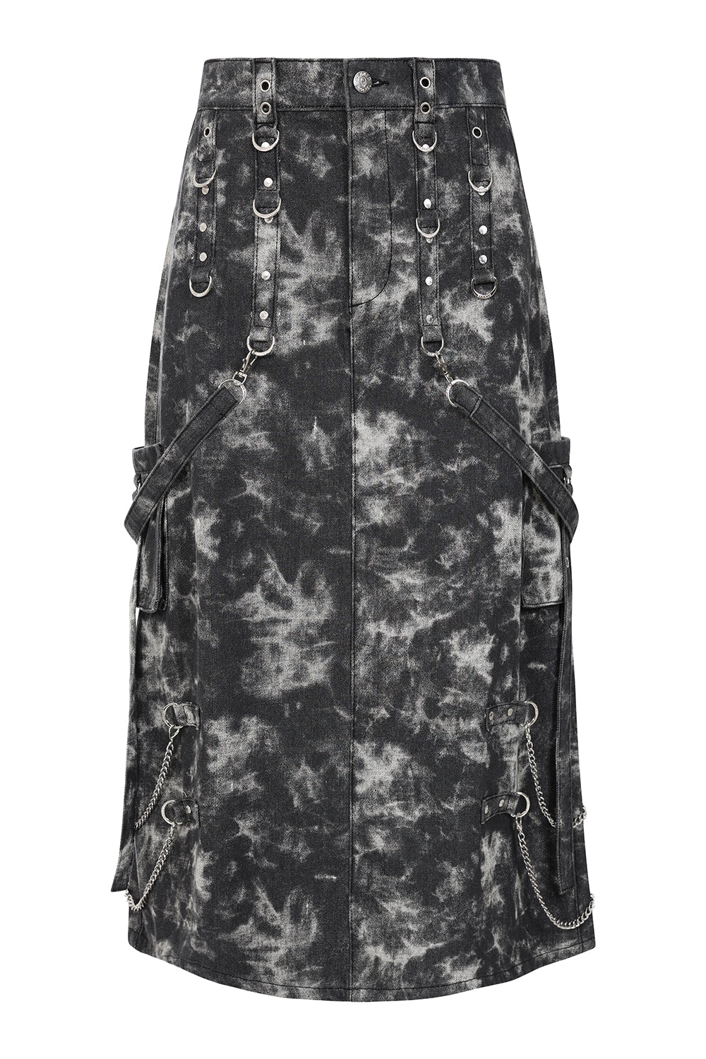 Banned Apparel Eris Skirt – Black Acid Wash Goth Denim with Chains