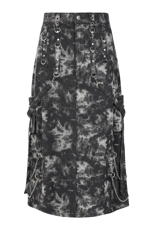 Banned Apparel Eris Skirt – Black Acid Wash Goth Denim with Chains