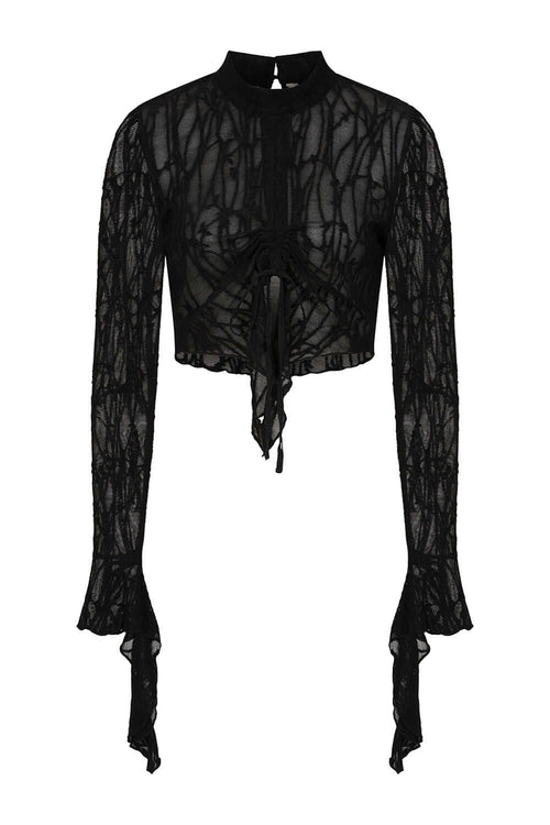 Banned Apparel Abyssia Black Lace Goth Top | Flared Sleeve Mesh Crop