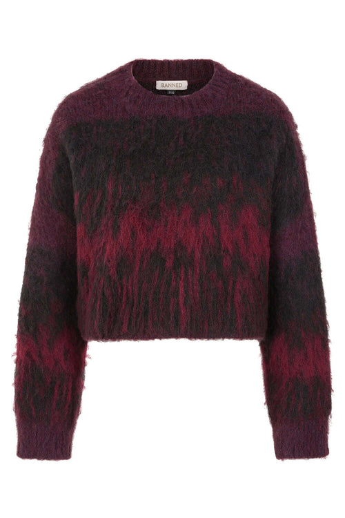 Banned Apparel Arwen Jumper – Burgundy & Black Cropped Fuzzy Knit