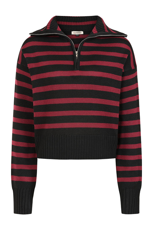 Banned Apparel Zima Jumper – Black & Burgundy Striped Goth Knit