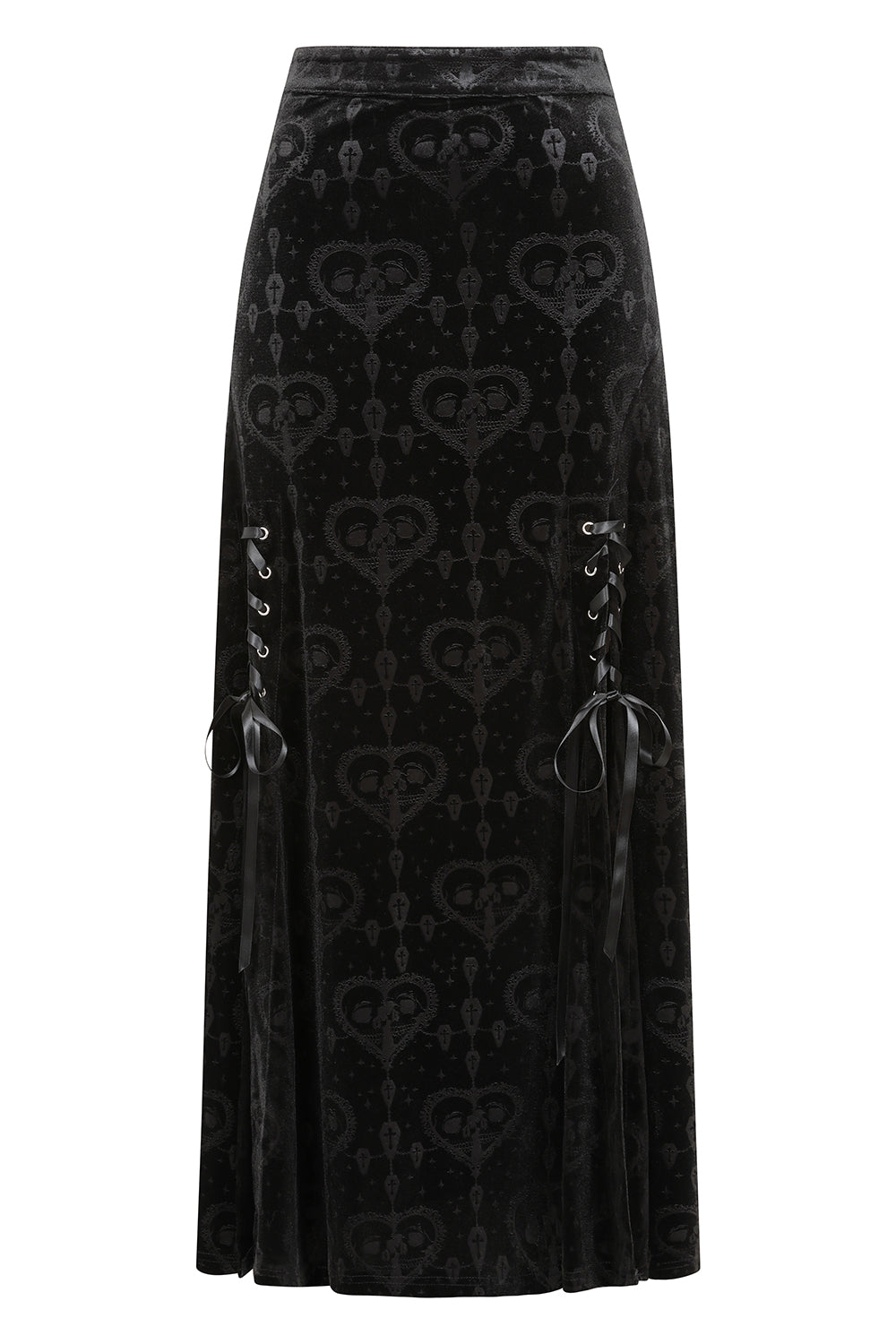 Banned Trivia Black Burnout Velvet Goth Skirt with Lace-Up Detail