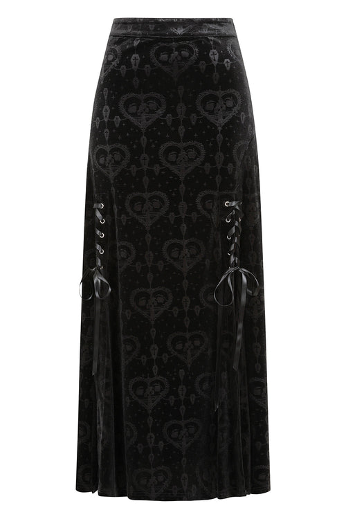 Banned Trivia Black Burnout Velvet Goth Skirt with Lace-Up Detail