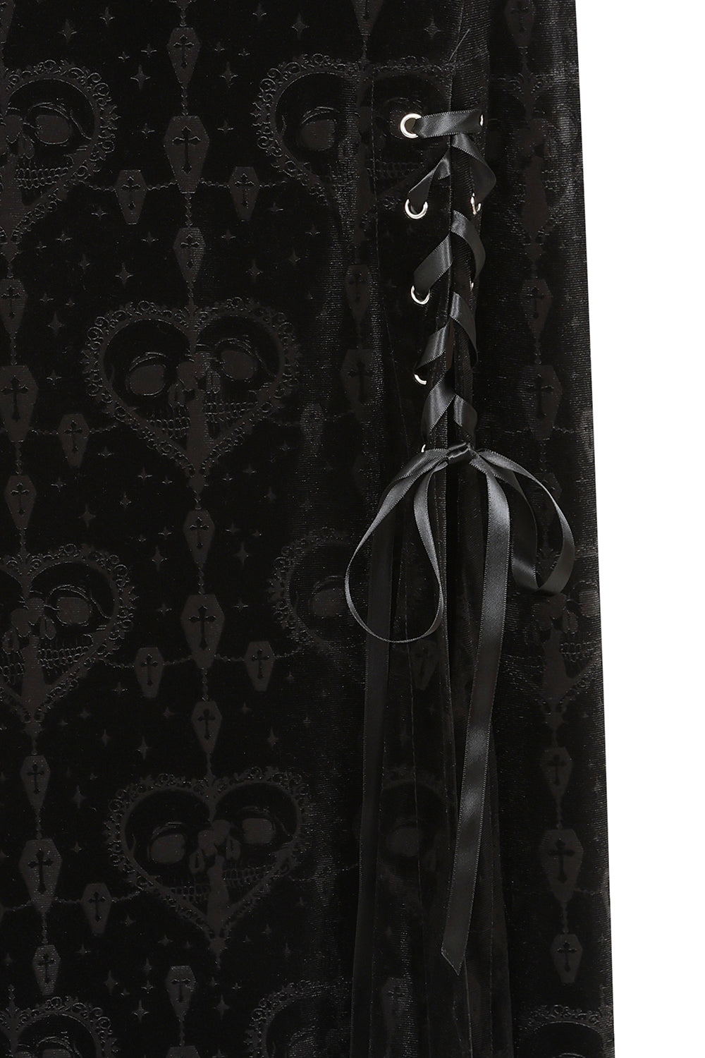 Banned Trivia Black Burnout Velvet Goth Skirt with Lace-Up Detail
