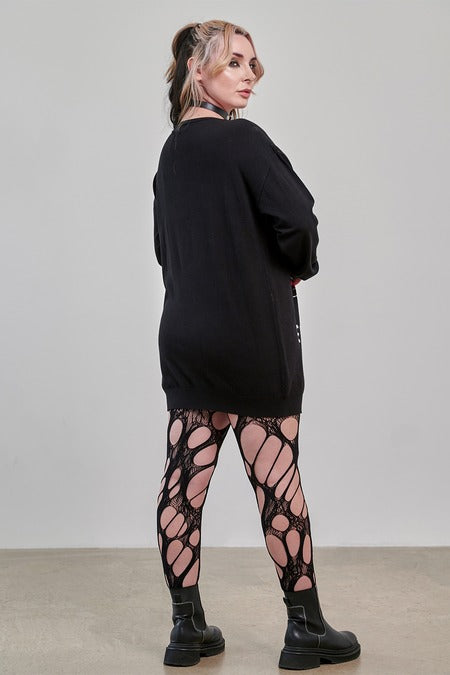 Banned Apparel Gothic Jumper Dress – Black Oversized Knit Cat Graphic