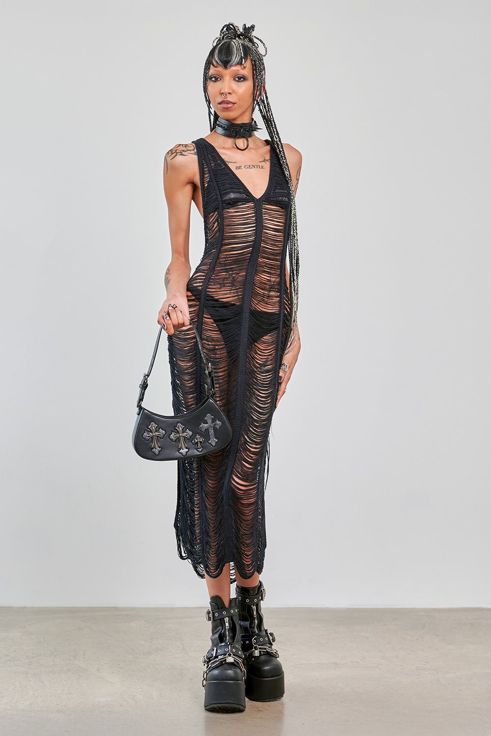 Banned Apparel Gothic Mesh Dress | Sheer Distressed Black Maxi Dress