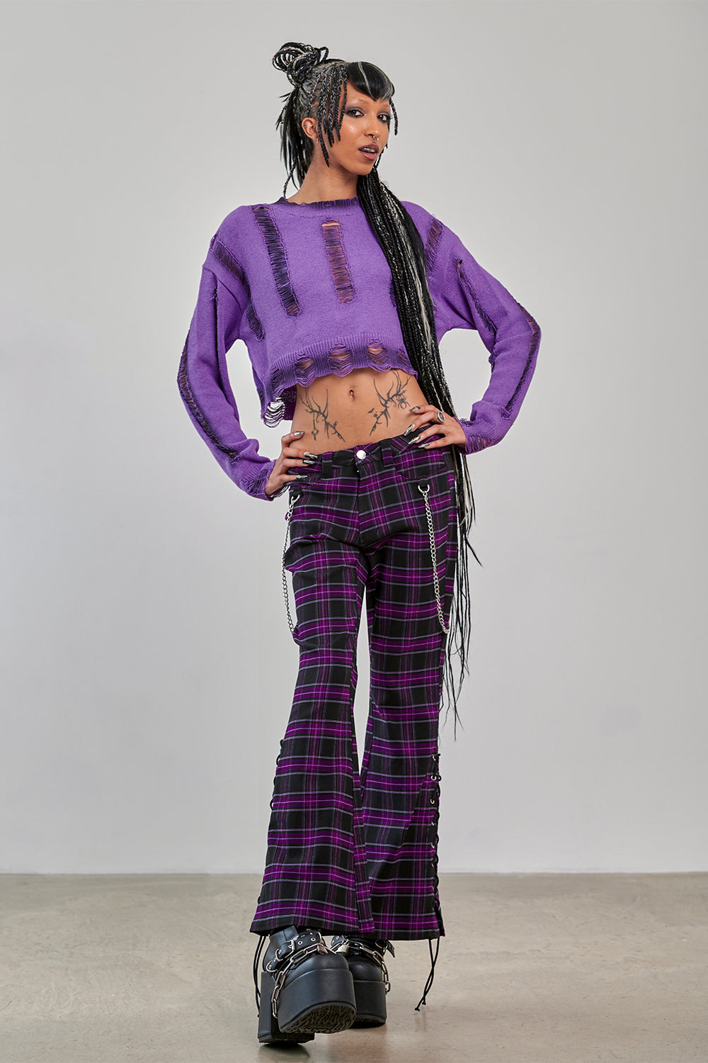 Banned Apparel Scarlett Vixen Purple Tartan Punk Flared Trousers