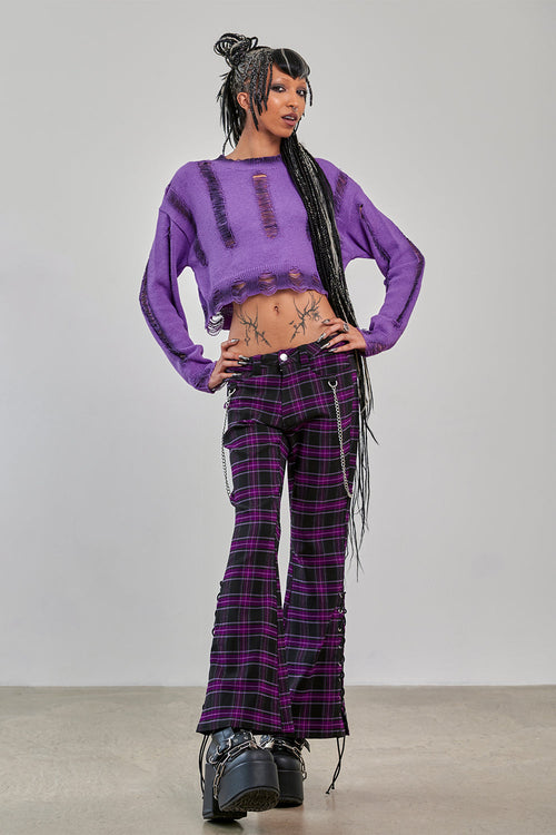 Banned Apparel Scarlett Vixen Purple Tartan Punk Flared Trousers