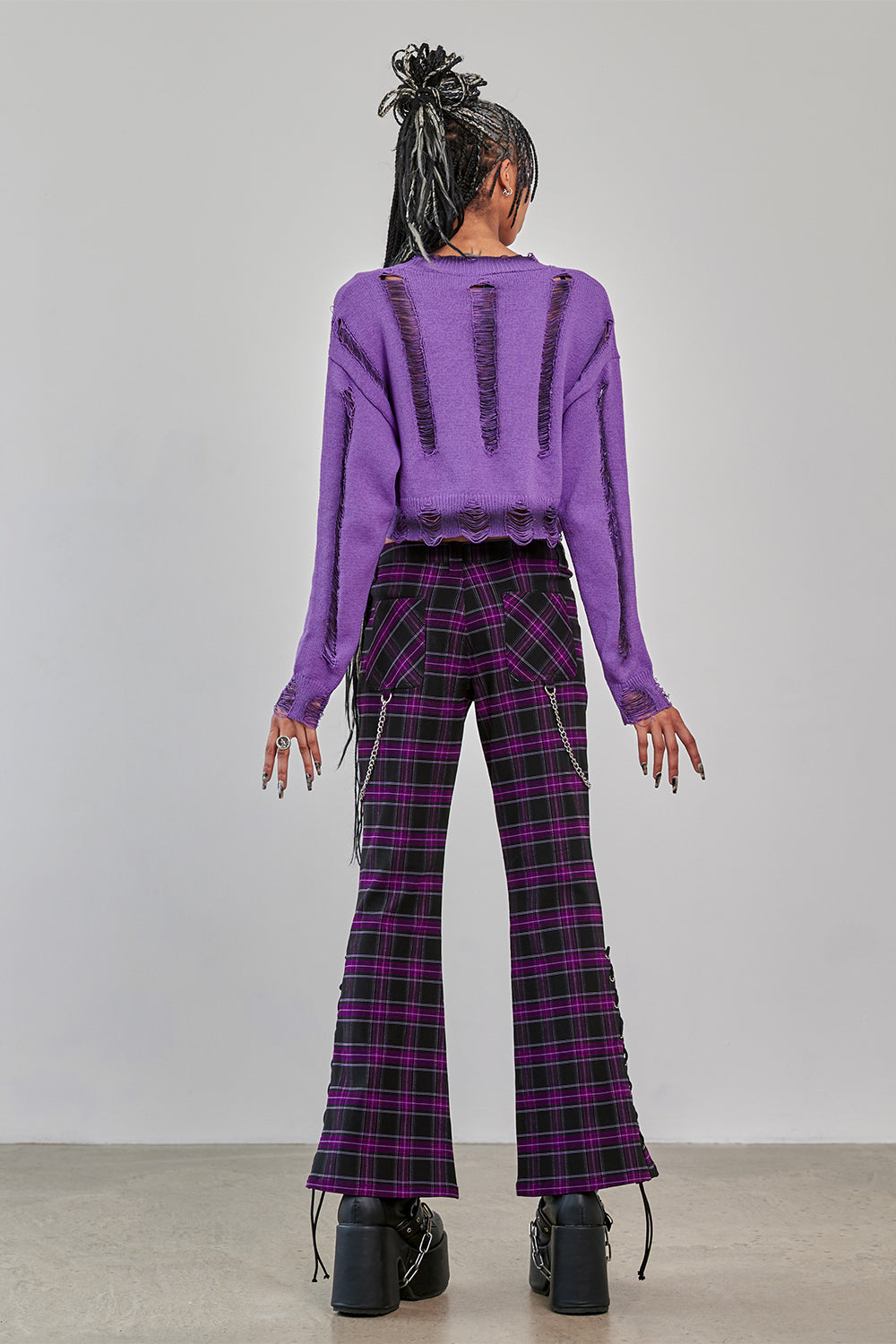 Banned Apparel Scarlett Vixen Purple Tartan Punk Flared Trousers