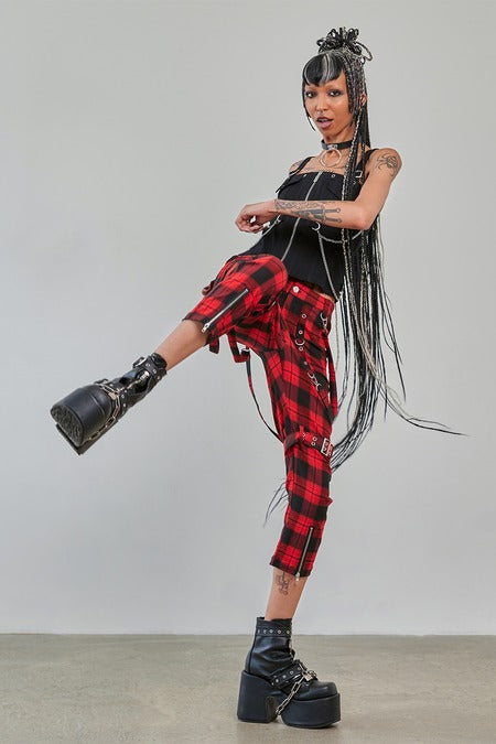 Banned Alternative Nocturne Red Tartan Buckle Trousers | Punk Plaid