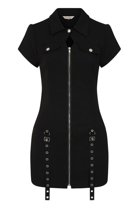 Banned Alternative Tartan Night Zip Dress – Punk Mini with O-Ring