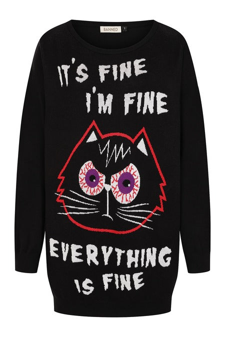 Banned Apparel Gothic Jumper Dress – Black Oversized Knit Cat Graphic