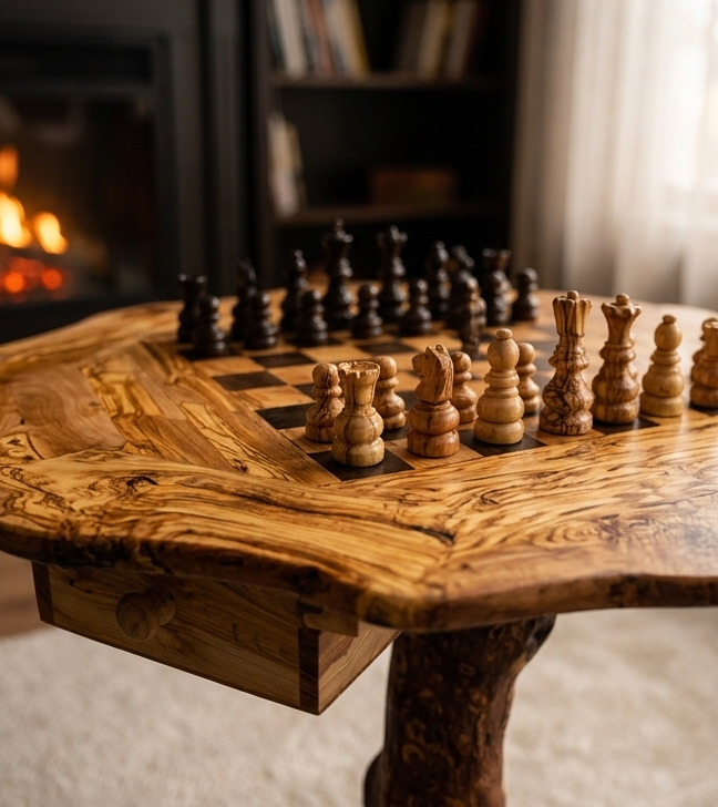Olive Wood Natural Hand Crafted Fantasy Look Wooden Chess Board Set Table With Pieces | Unique Tabletop Board Game Chess Lovers Gift Idea