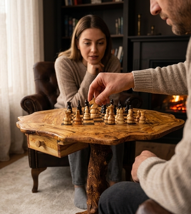 Olive Wood Natural Hand Crafted Fantasy Look Wooden Chess Board Set Table With Pieces | Unique Tabletop Board Game Chess Lovers Gift Idea