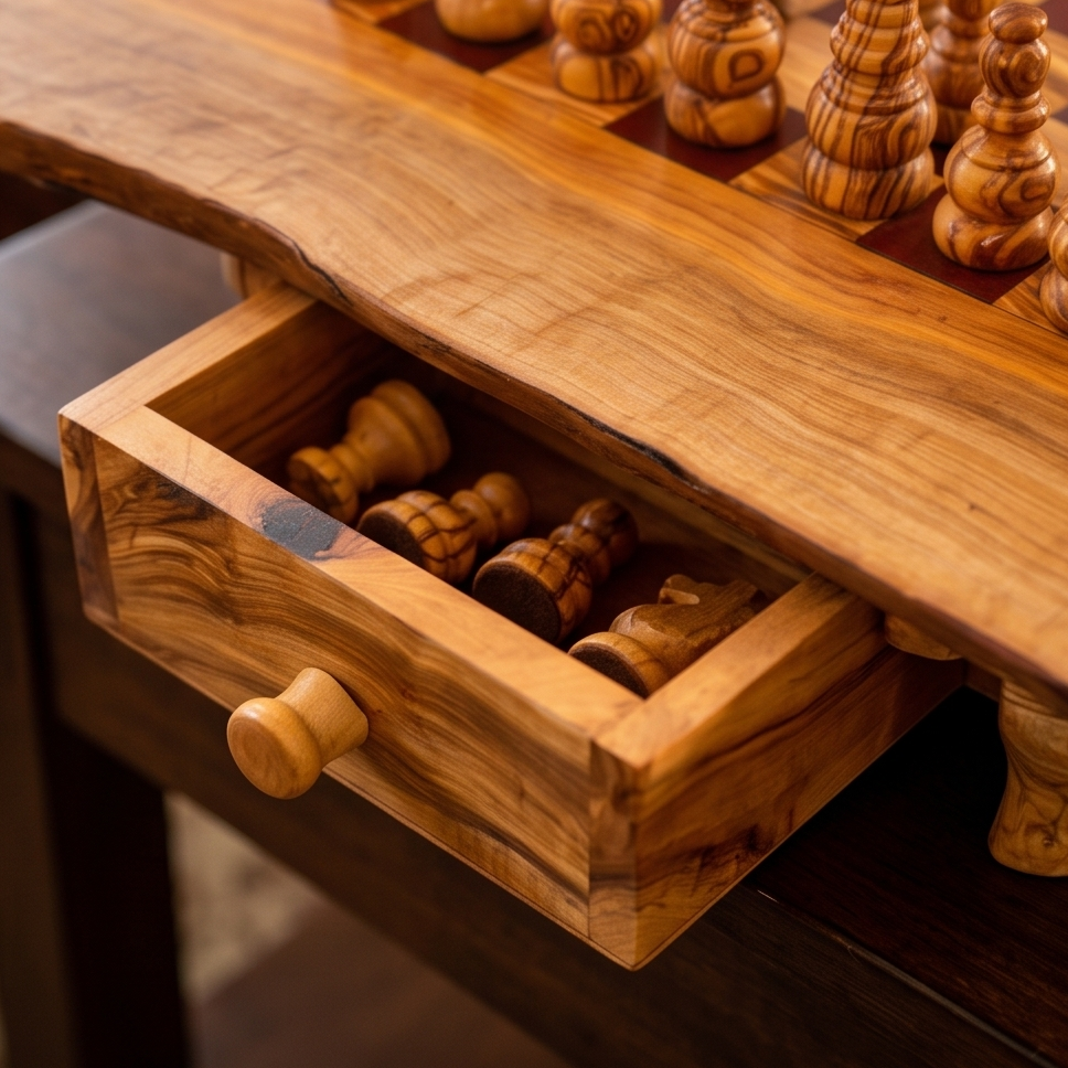 Handcrafted Olive Wood Chess Set with Drawer | Live Edge Red or Black Board