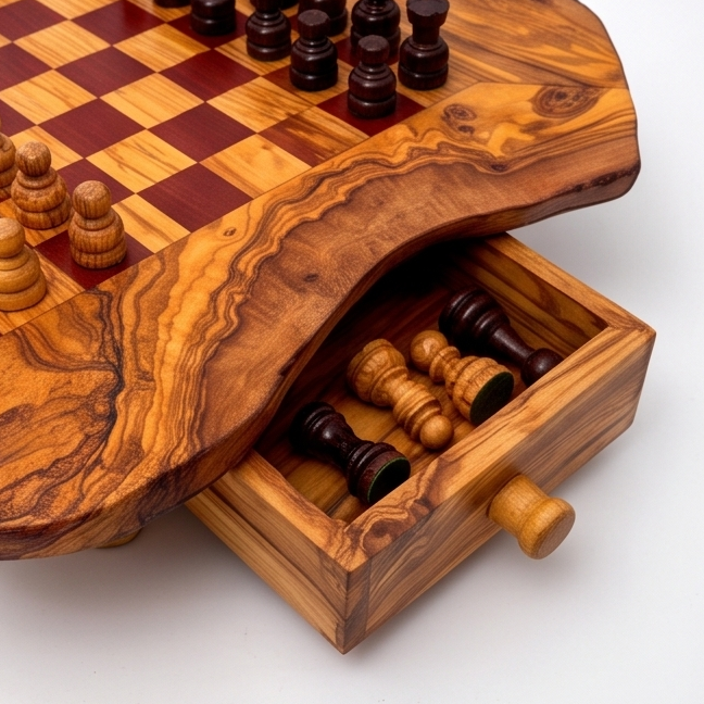 Handcrafted Olive Wood Chess Set with Drawer | Live Edge Red or Black Board