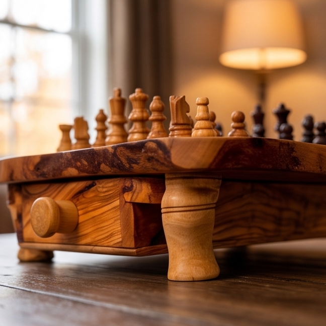Handcrafted Olive Wood Chess Set with Drawer | Live Edge Red or Black Board