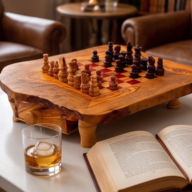 Handcrafted Olive Wood Chess Set with Drawer | Live Edge Red or Black Board