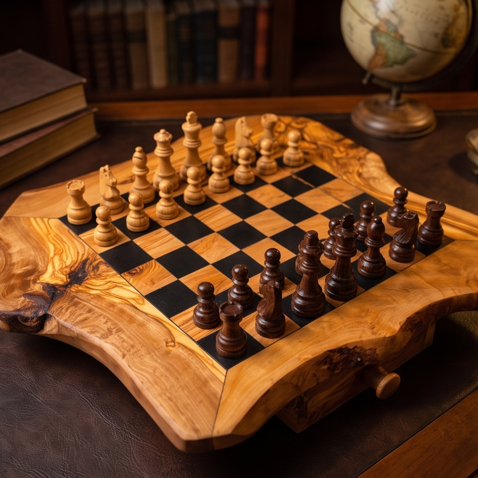 Handcrafted Olive Wood Chess Set with Drawer | Live Edge Red or Black Board