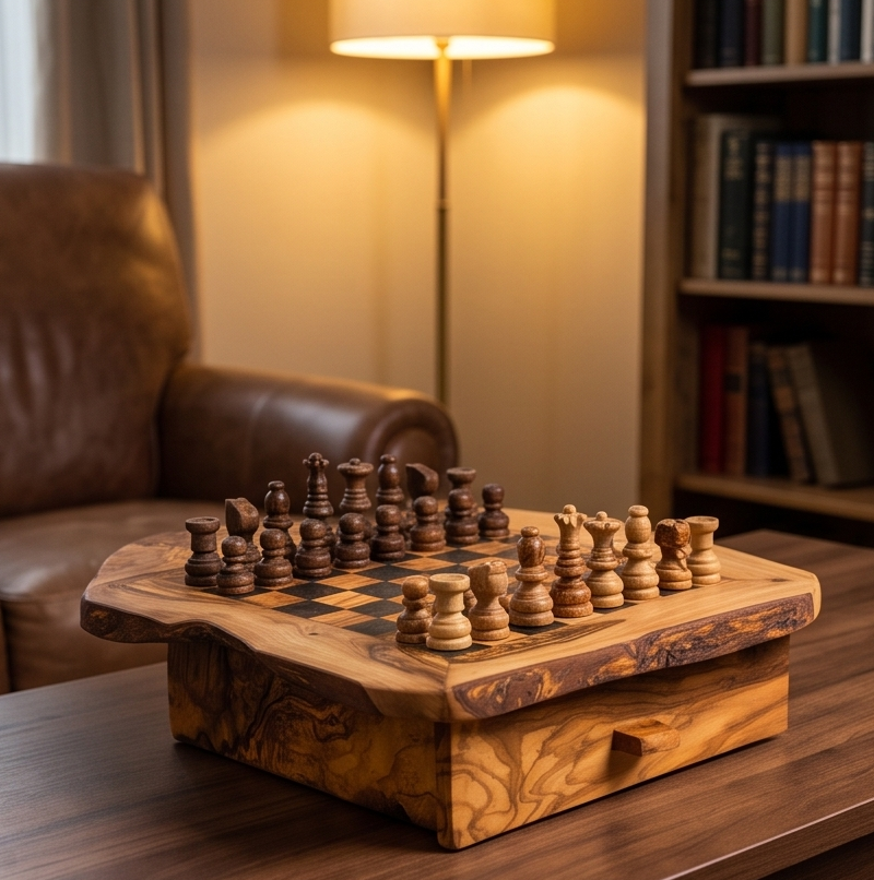 Olive Wood Chess Board with One Drawer