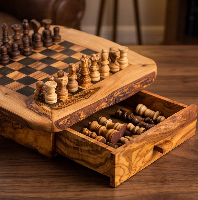Olive Wood Chess Board with One Drawer