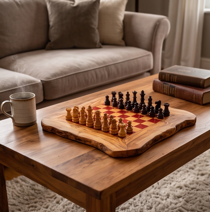Handcrafted Olive Wood Chess Set | Red or Black Playing Area | Live Edge Board
