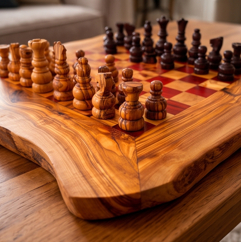 Handcrafted Olive Wood Chess Set | Red or Black Playing Area | Live Edge Board