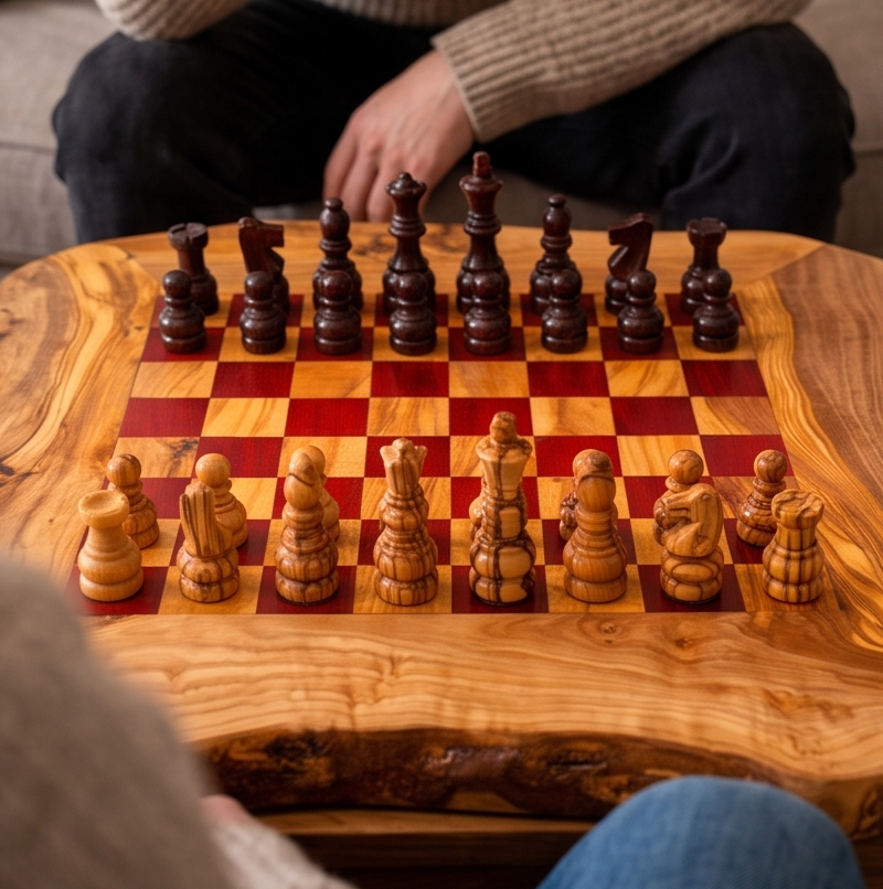 Handcrafted Olive Wood Chess Set | Red or Black Playing Area | Live Edge Board