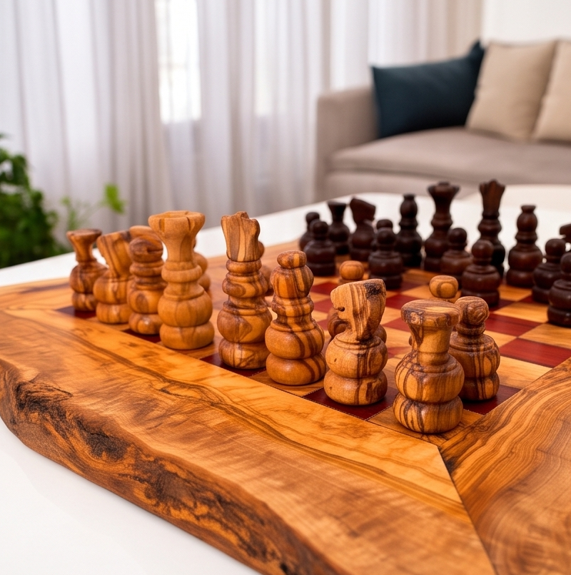 Handcrafted Olive Wood Chess Set | Red or Black Playing Area | Live Edge Board