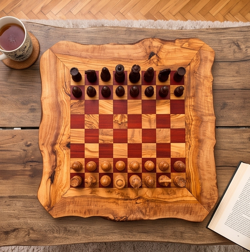 Handcrafted Olive Wood Chess Set | Red or Black Playing Area | Live Edge Board