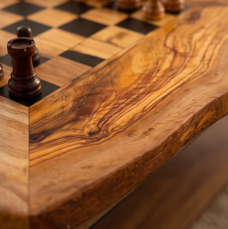 Handcrafted Olive Wood Chess Set | Red or Black Playing Area | Live Edge Board