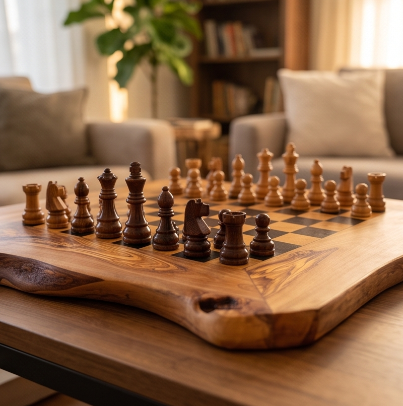Handcrafted Olive Wood Chess Set | Red or Black Playing Area | Live Edge Board