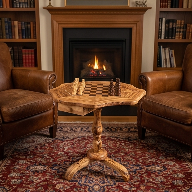 Olive Wood Chess Set 3 Legged Wooden Display Table With Built-In Chess Board