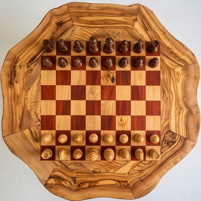 Olive Wood Chess Set 3 Legged Wooden Display Table With Built-In Chess Board