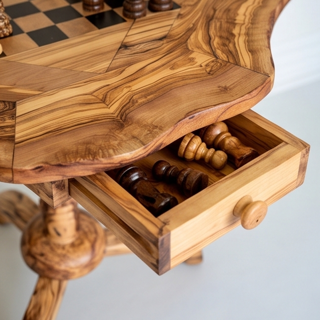 Olive Wood Chess Set 3 Legged Wooden Display Table With Built-In Chess Board