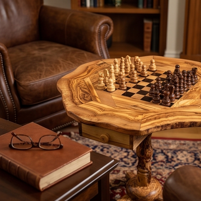 Olive Wood Chess Set 3 Legged Wooden Display Table With Built-In Chess Board