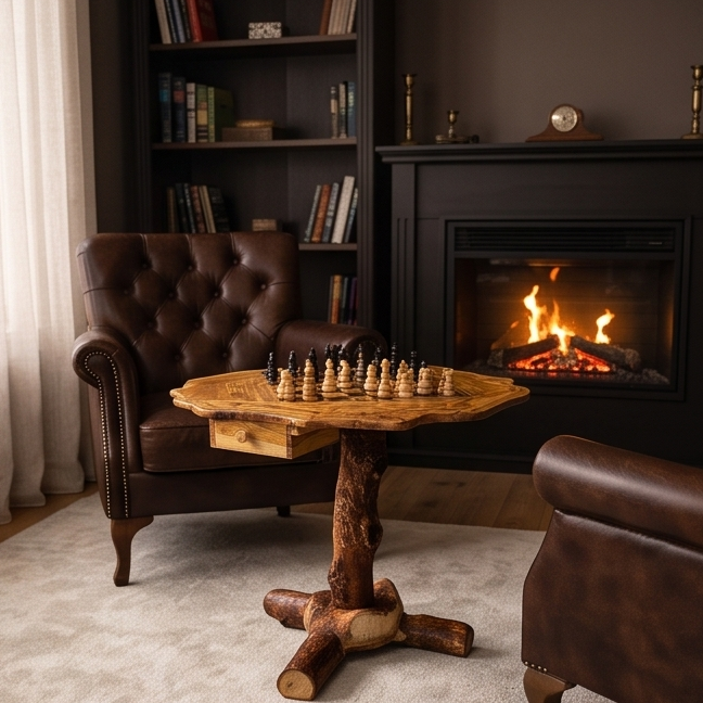 Olive Wood Natural Hand Crafted Fantasy Look Wooden Chess Board Set Table With Pieces | Unique Tabletop Board Game Chess Lovers Gift Idea
